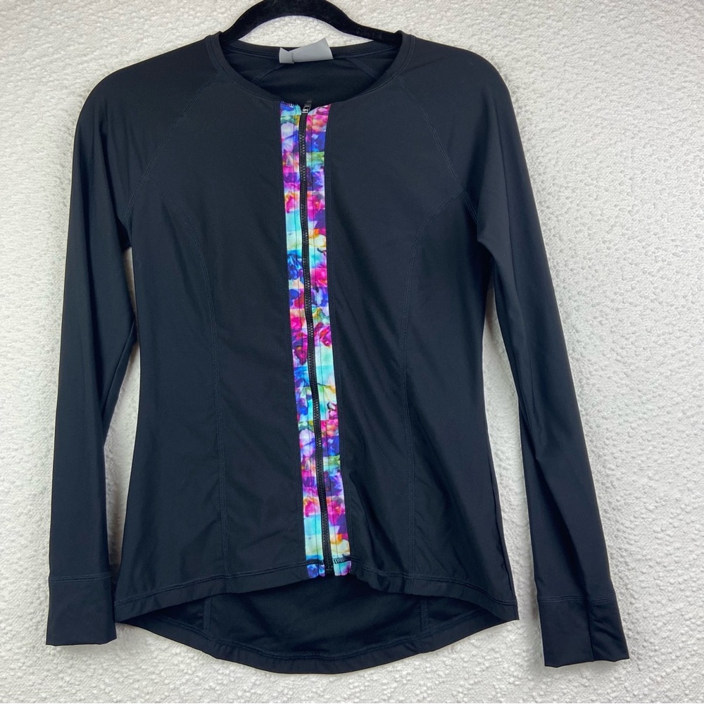 Athleta Black Long Sleeve zip-up Rash Guard Top with Colorful Stripe. Size small